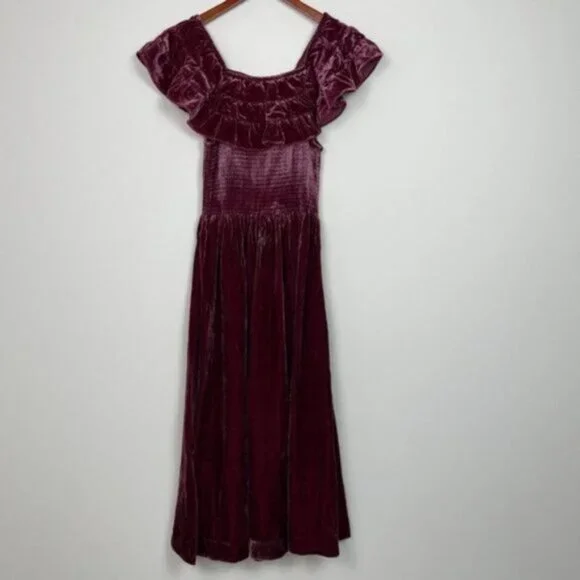 Hill House The Akilah Nap Velvet Silk Midi Ruffle Holiday Dress Burgundy S - Picture 3 of 8